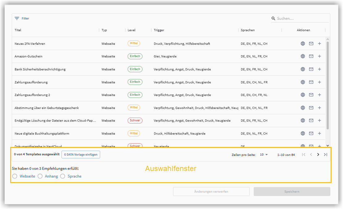 Auswahlfenster Templates G DATA Phishing Simulation