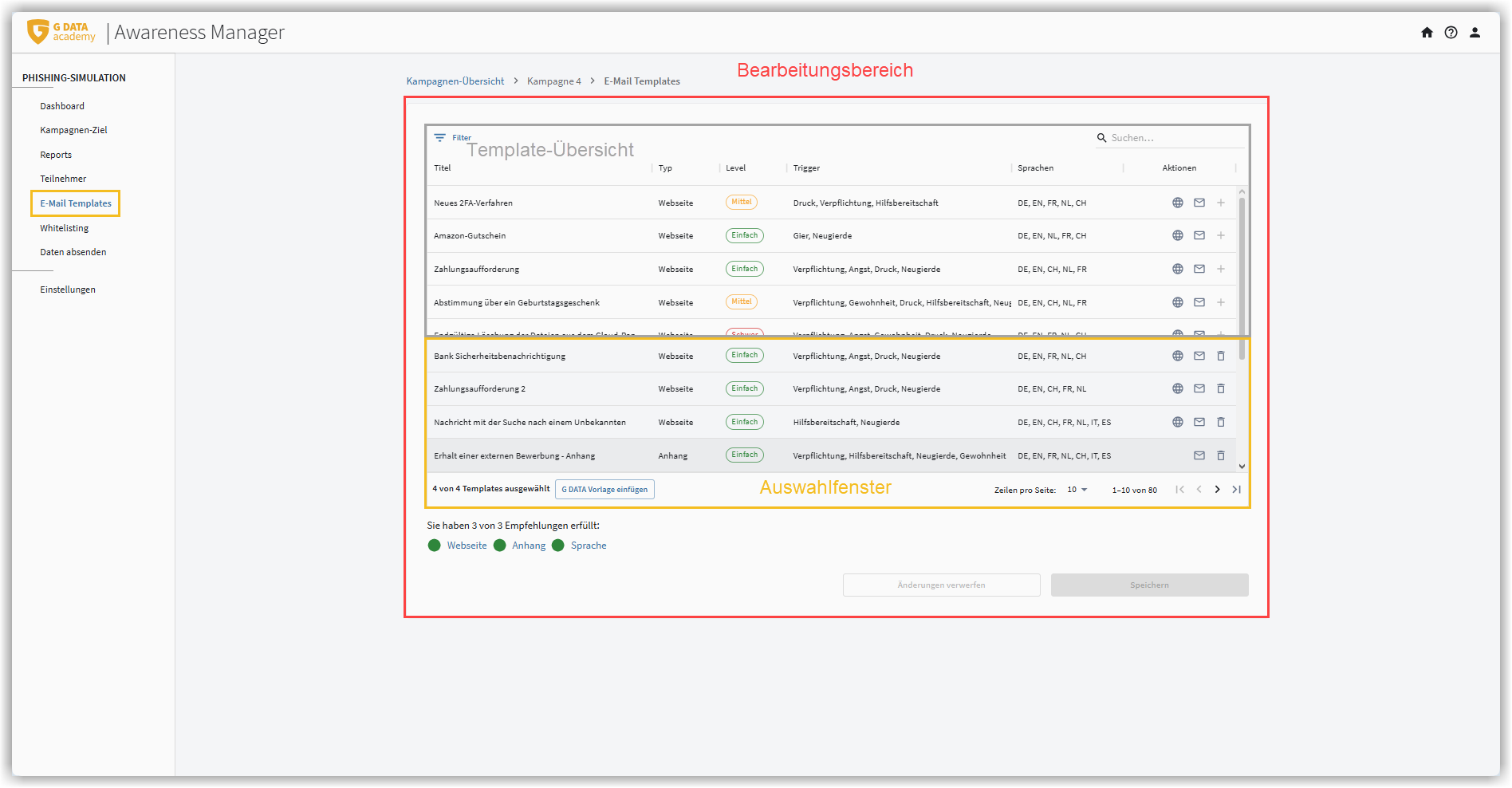 Bearbeitungsfenseter der Templetes für G DATA Phishing Simulation