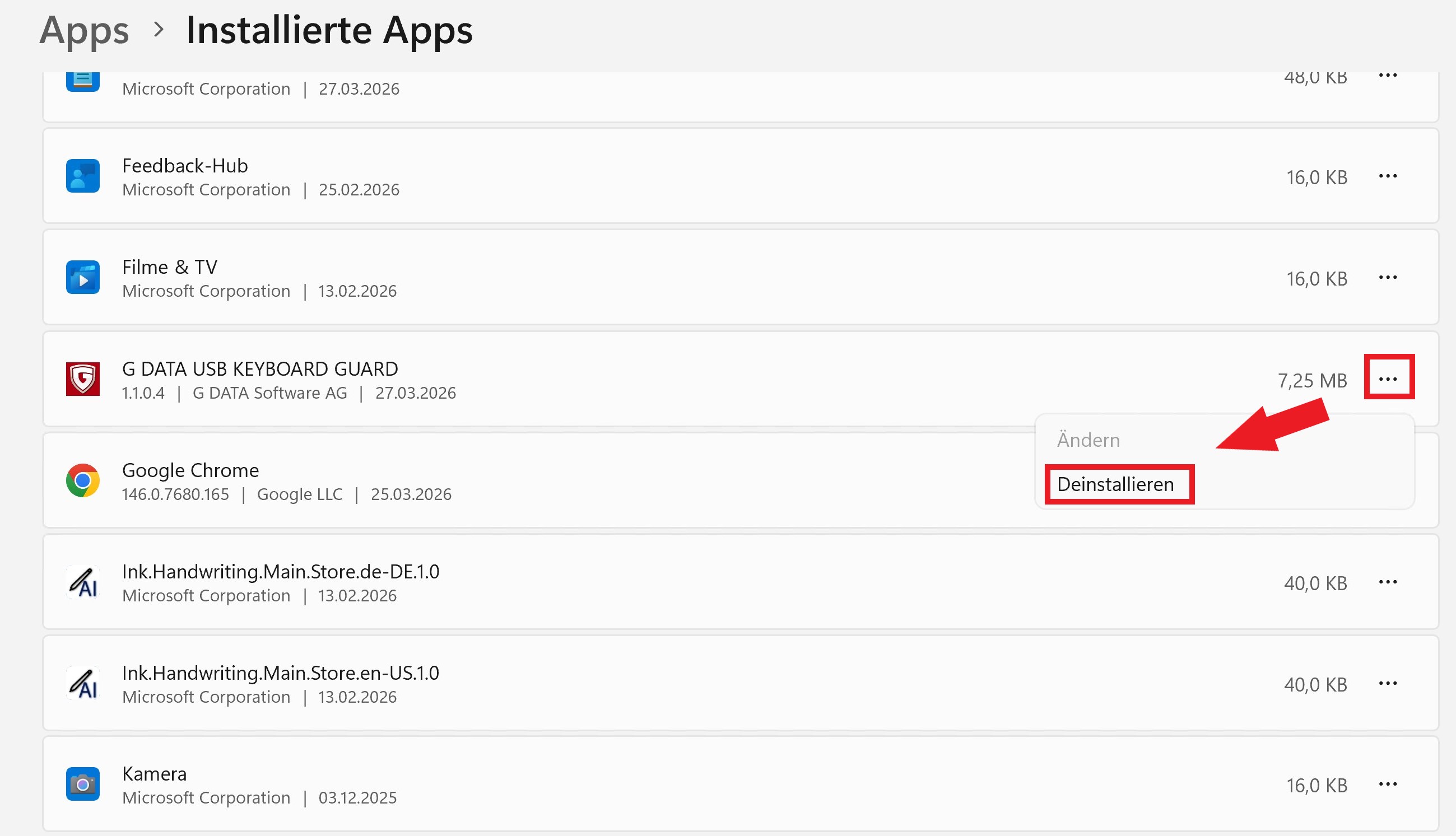 Deinstallation auswählen