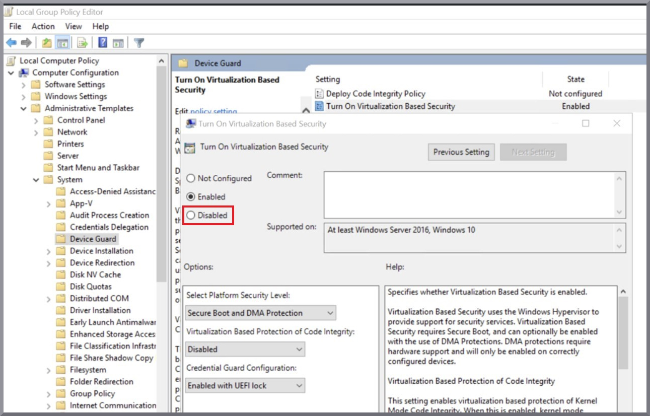 Disabling virtualization-based security