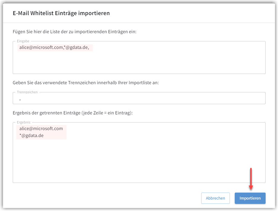 G DATA 365 | Mail Protection Import Einträge