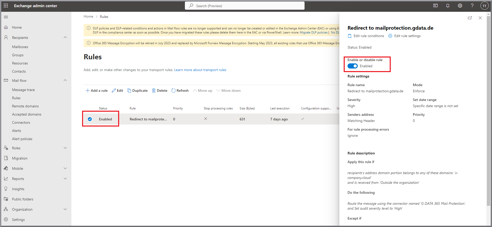G DATA 365 | Mail Protection Activate new rule