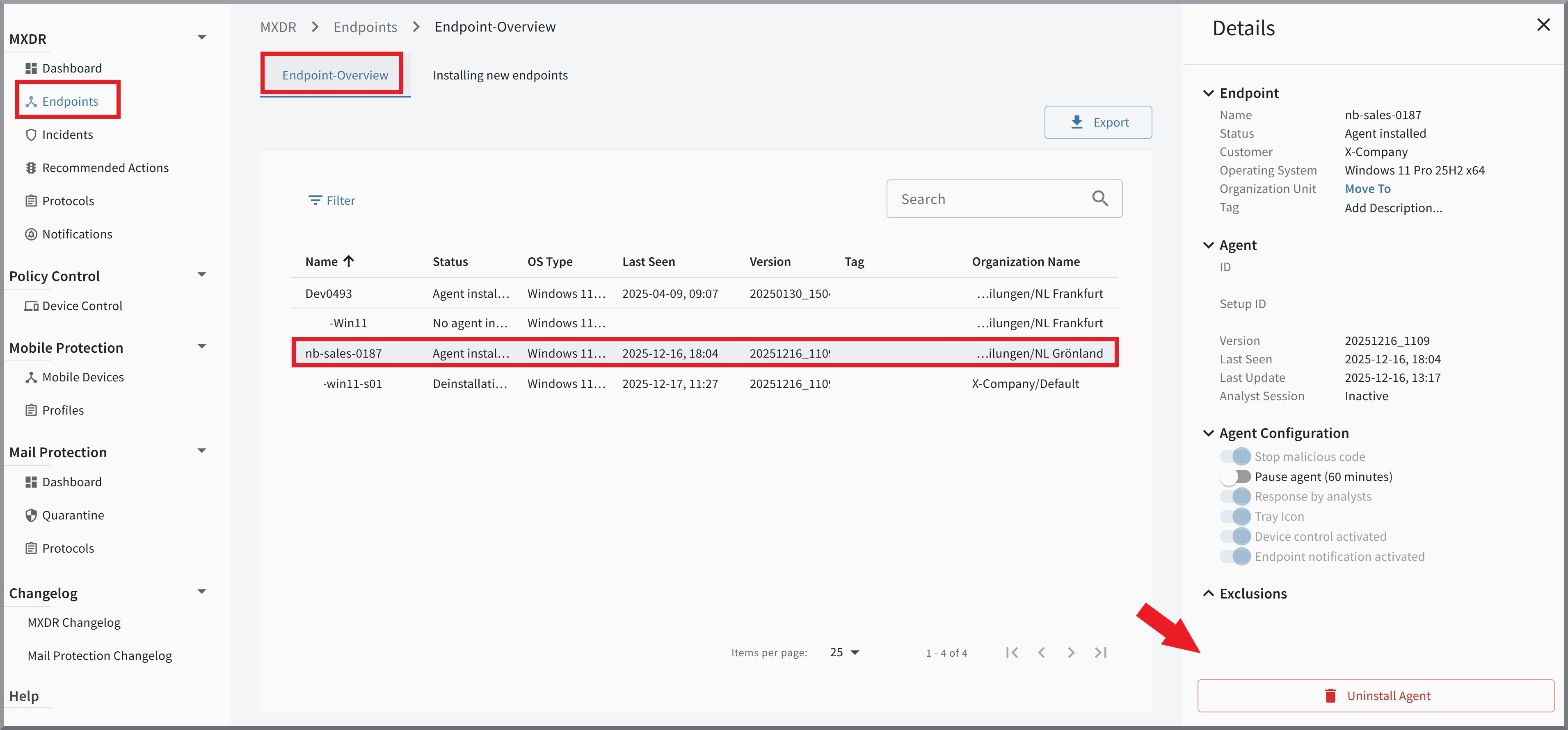 Uninstall agent via web portal