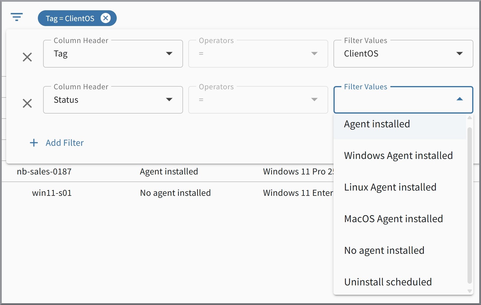 Filteroptionen Status