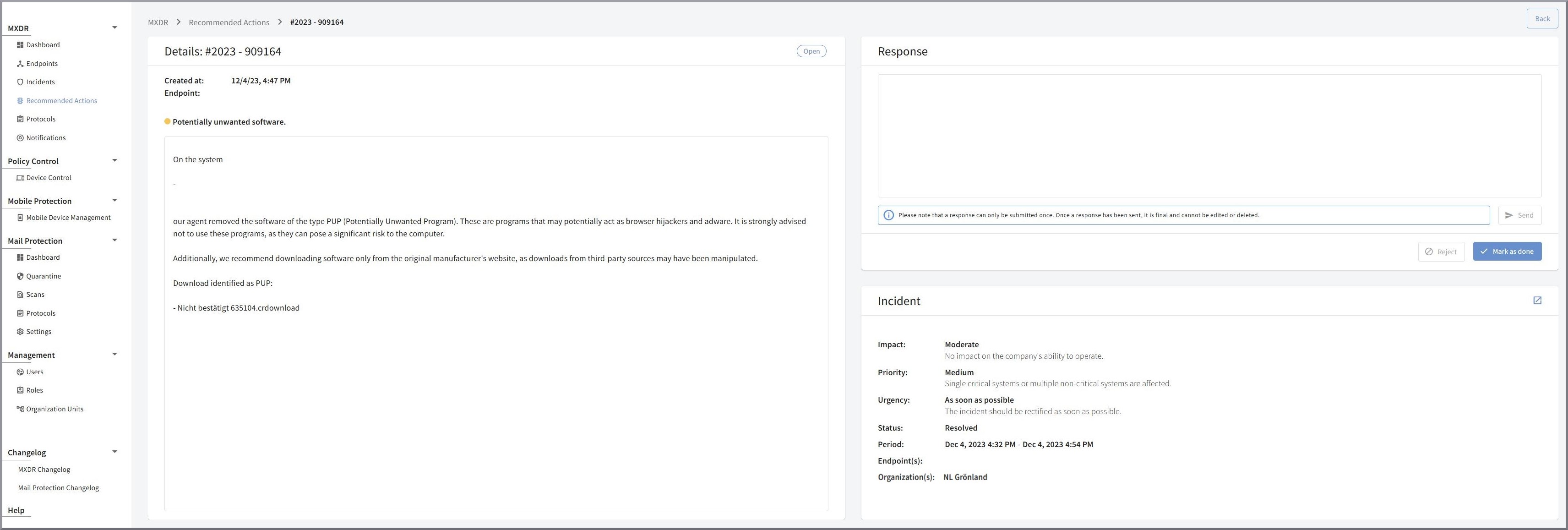 Detail page for Recommended Actions