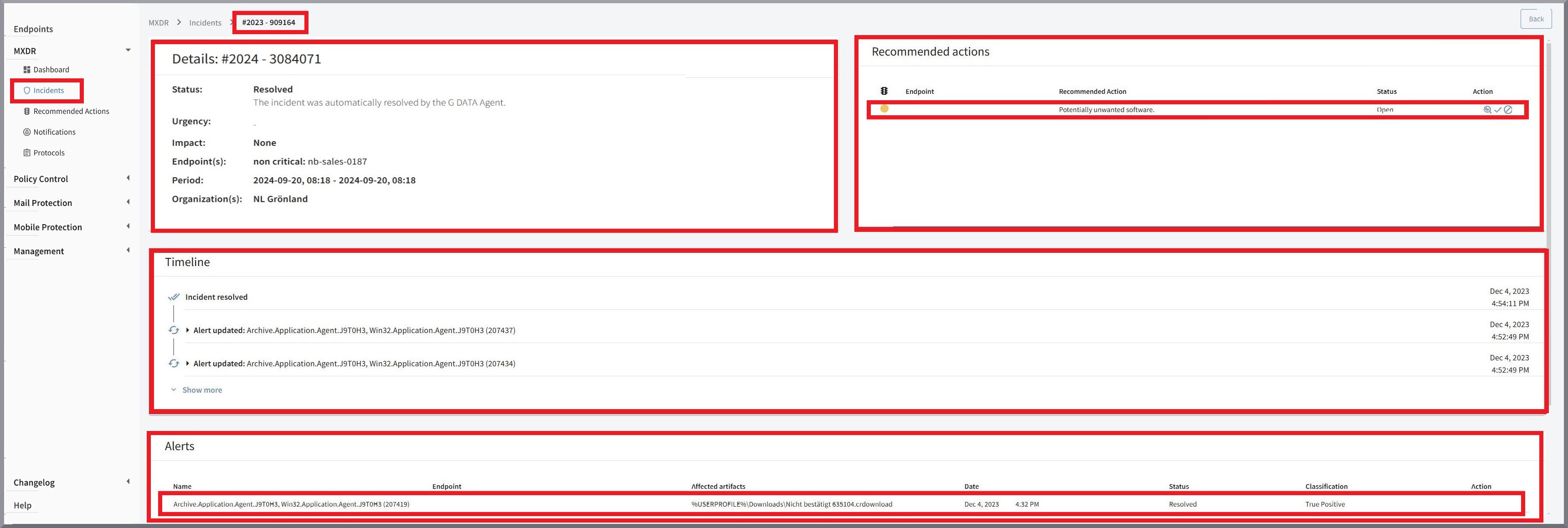 G DATA MXDR Incident detail view