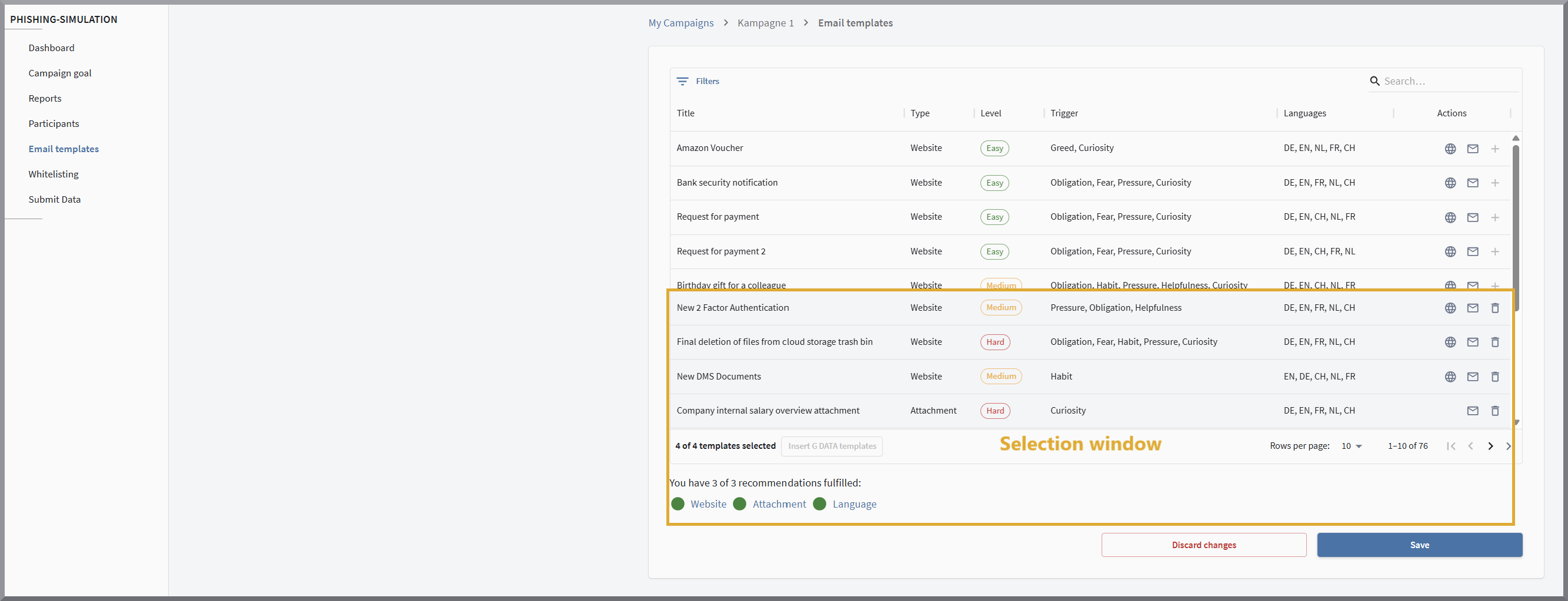 Template Selection Window G DATA Phishing Simulation