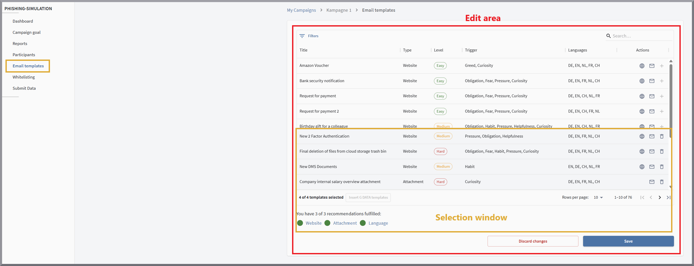 Template editing window for G DATA Phishing Simulation