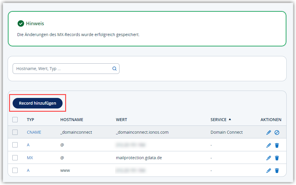 G DATA 365 | Mail Protection IONOS DNS RECORD ändern