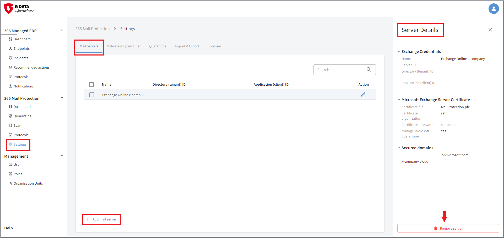 G DATA 365 | Mail Protection Ajustes del servidor