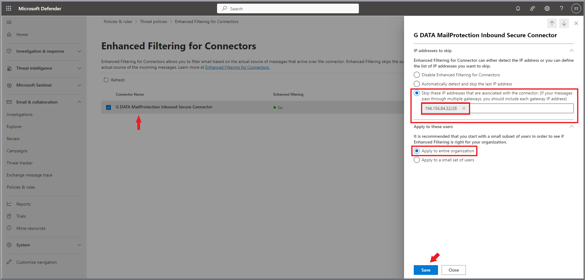 G DATA 365 | Mail Protection Inbound-Konnektor erweiterten Filter aktivieren