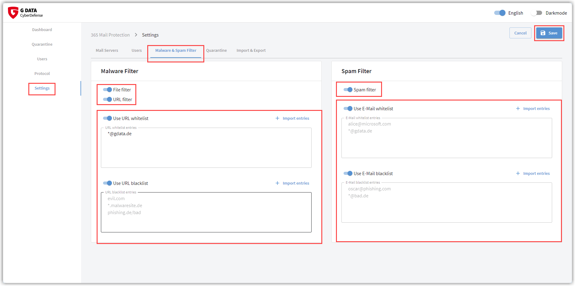 Configuración del filtro de malware y spam del G DATA Web Portal