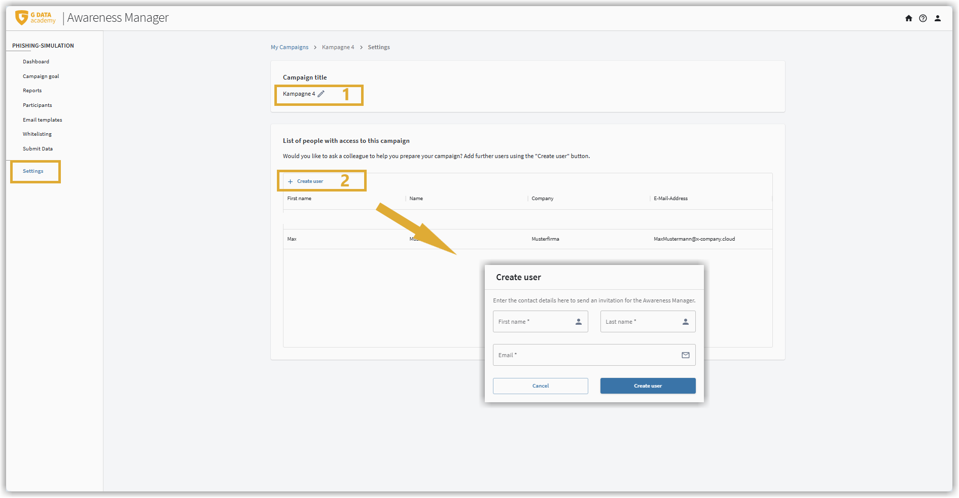 Configuración de las personas usuarias dentro de G DATA Awareness Manager