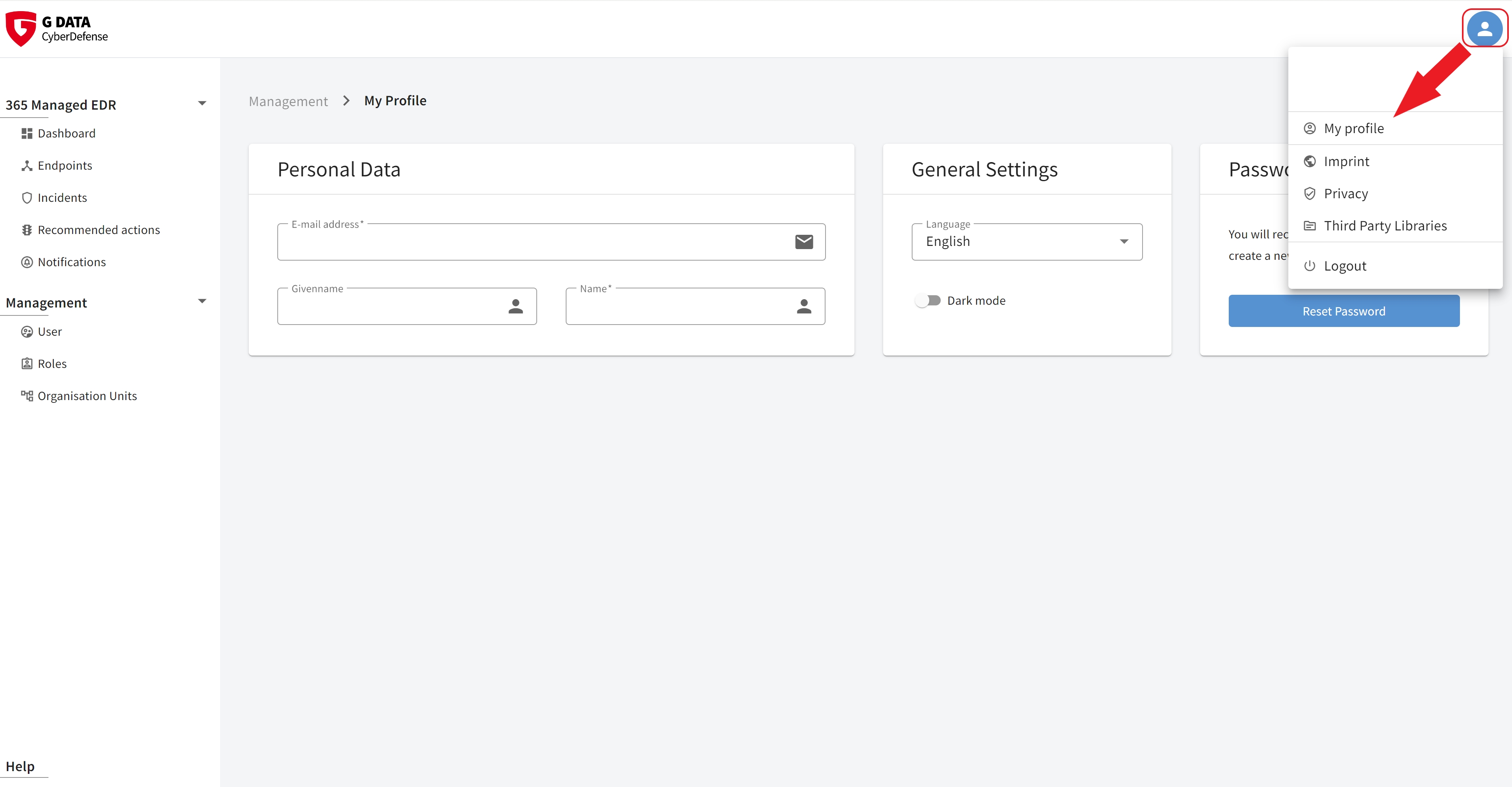 G DATA Web-Portal Perfil de usuario