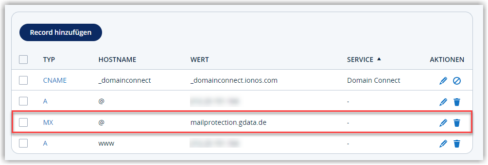 G DATA 365 | Mail Protection Entrée DNS IONOS