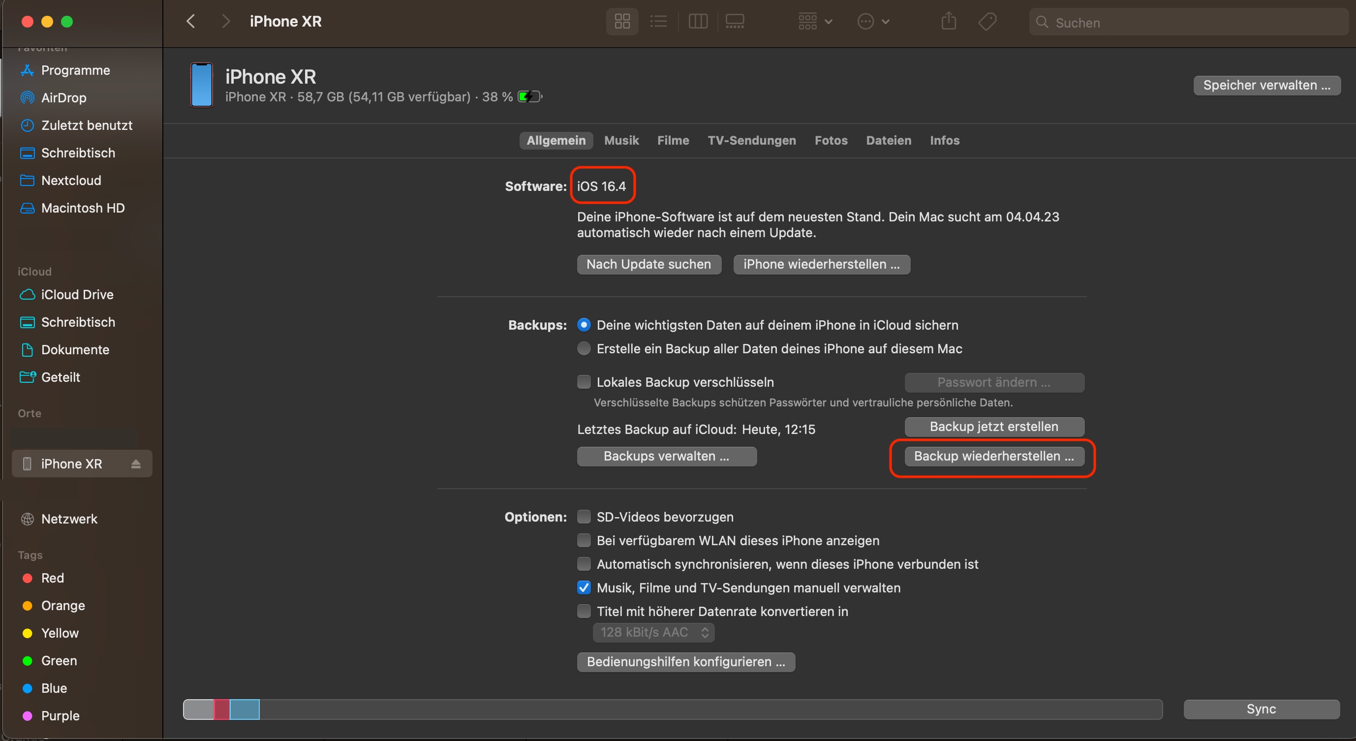Restauration sur l’appareil B
