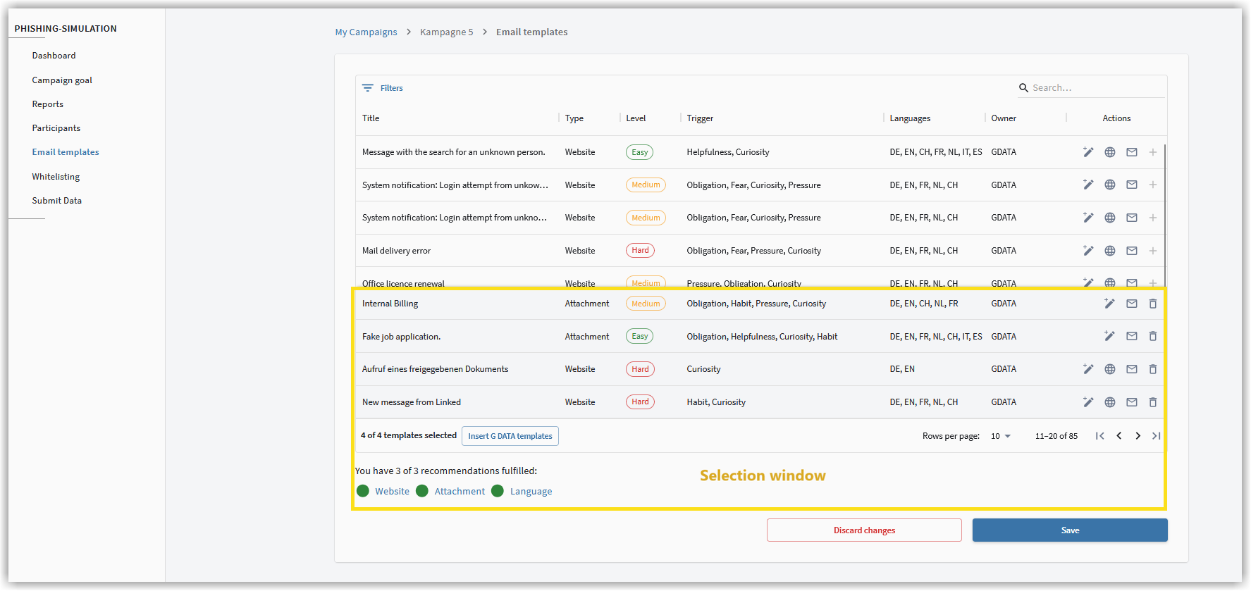 Fenêtre de sélection des modèles d’e-mail G DATA Phishing Simulation