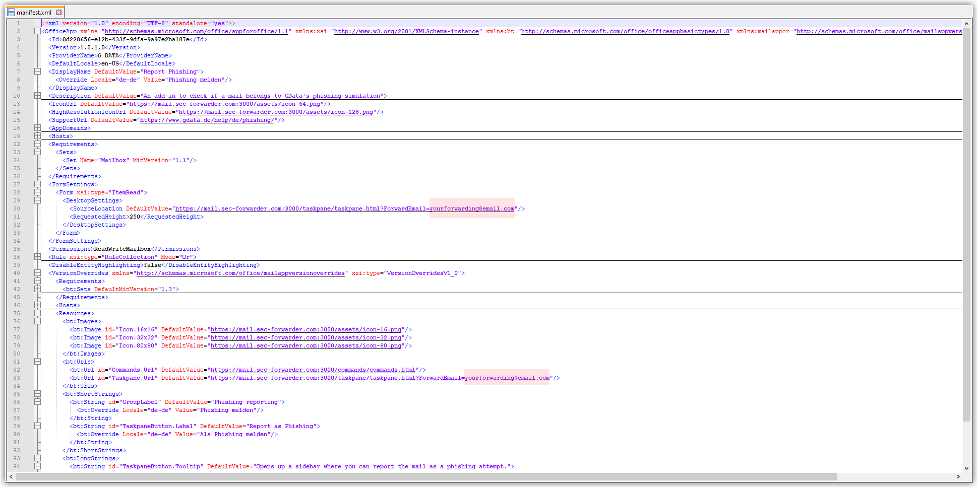 Inserire e-mail nel file manifest