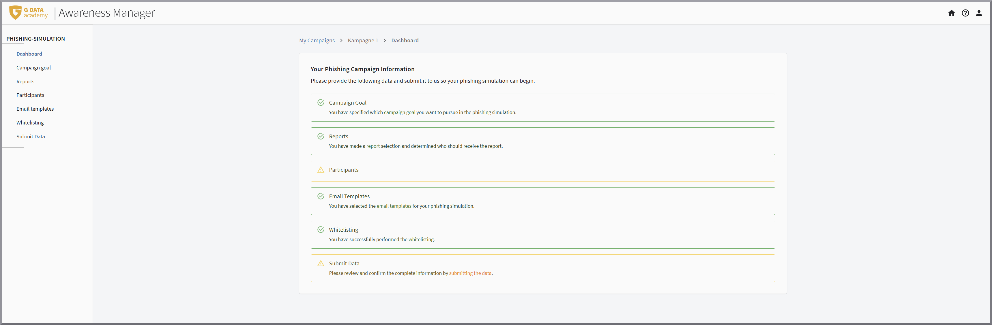 Het Dashboard van de G DATA Awareness Manager