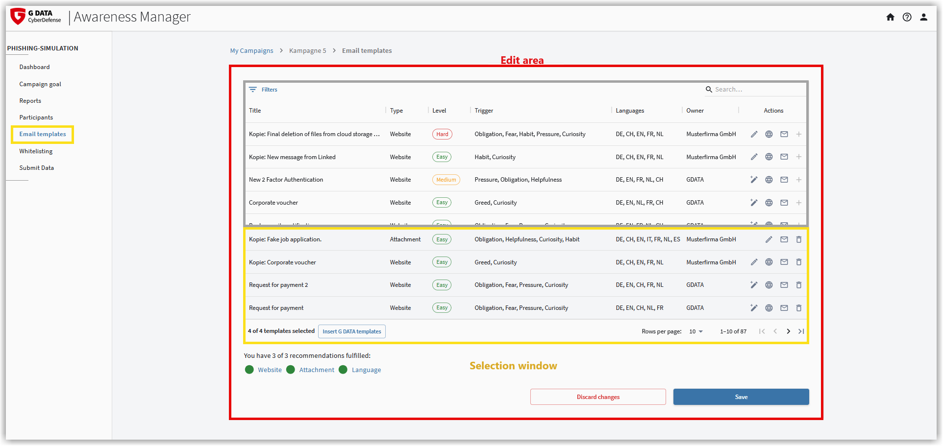 Bewerkingsvenster van de templates voor G DATA Phishing Simulation