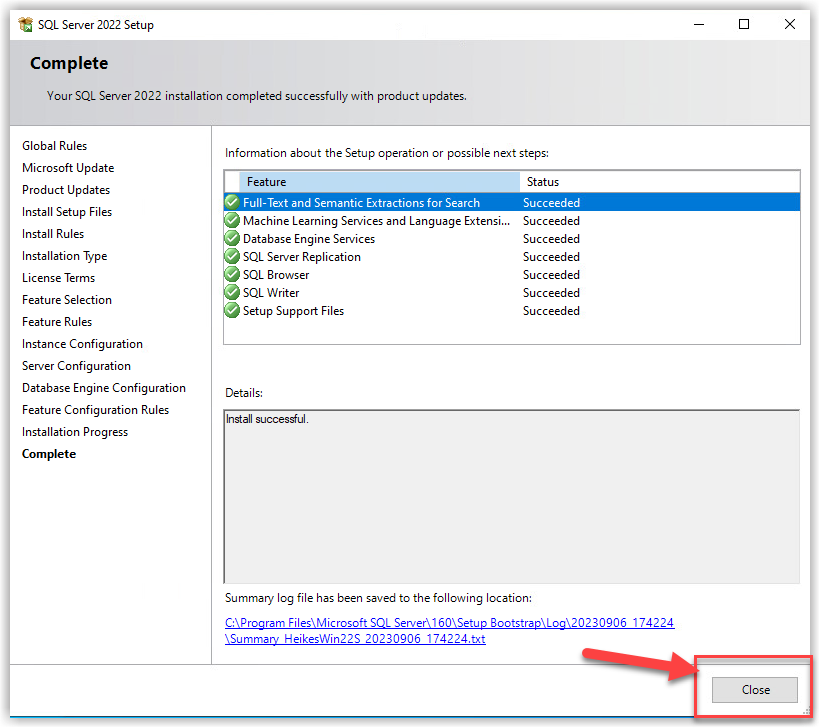 Installation Microsoft SQL Server 2022 Express is finished