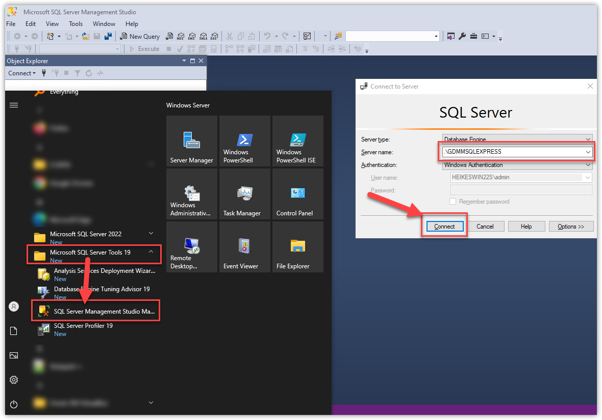 Start SSMS and connect