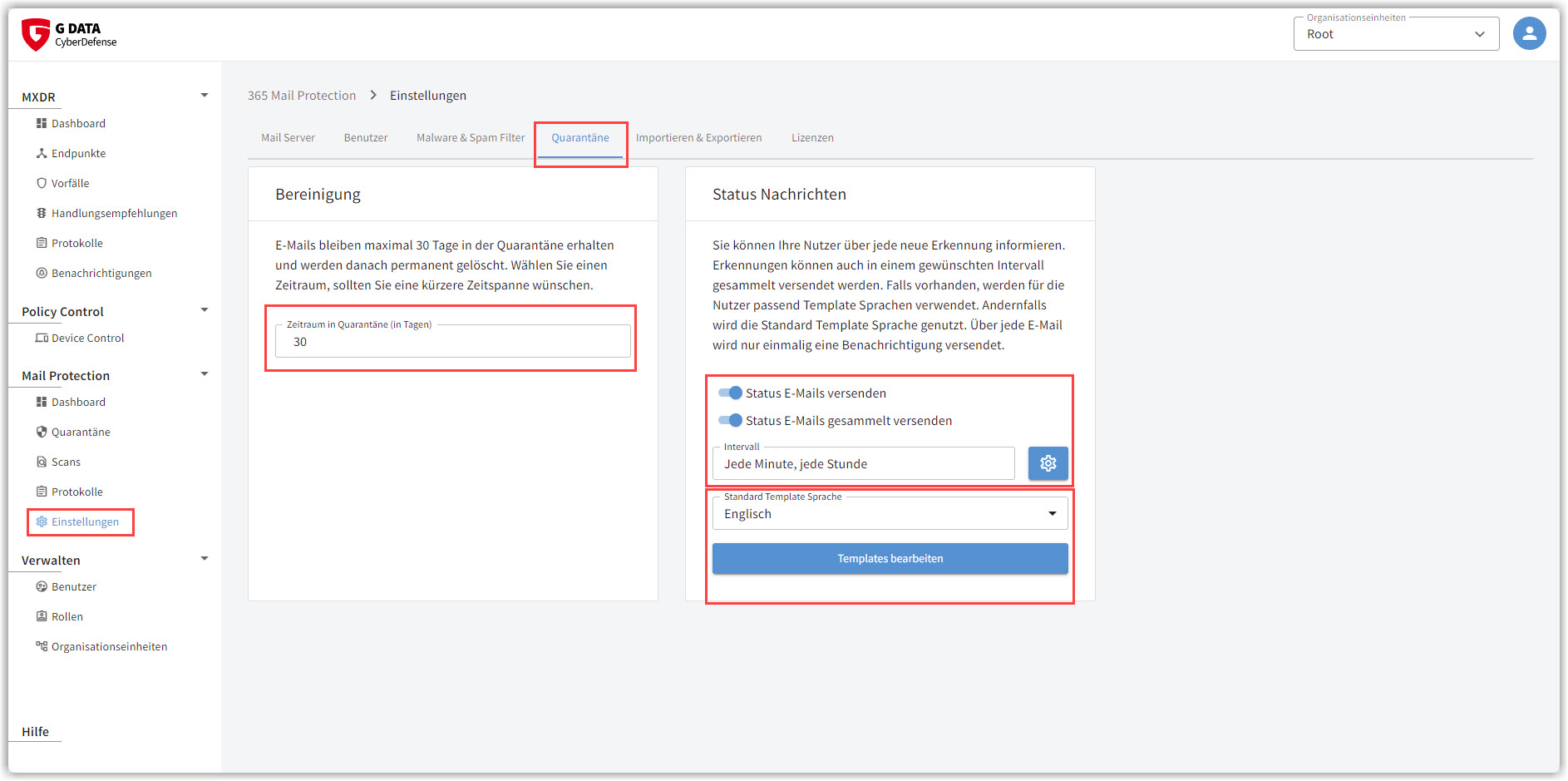 G DATA 365 | Mail Protection Ustawienia kwarantanny