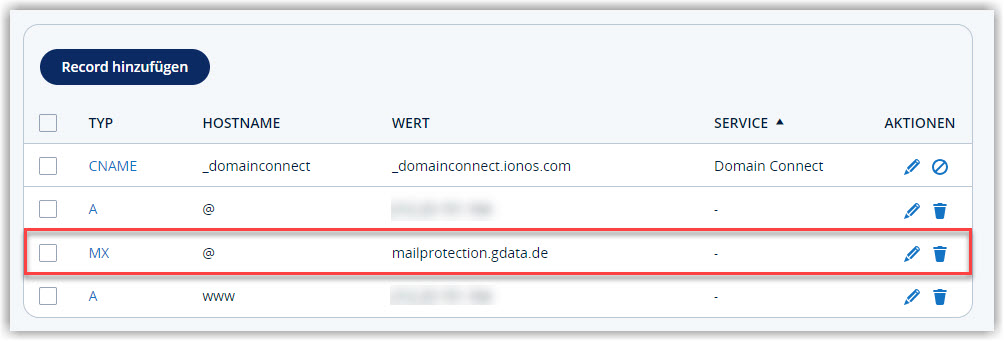 G DATA 365 | Mail Protection Wpis DNS IONOS