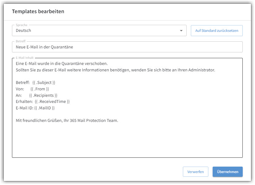 G DATA 365 | Mail Protection Edytowanie szablonu