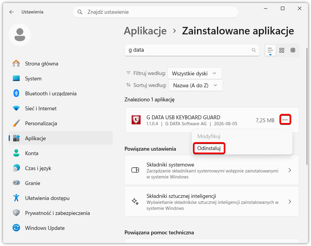 Wybór odinstalowania