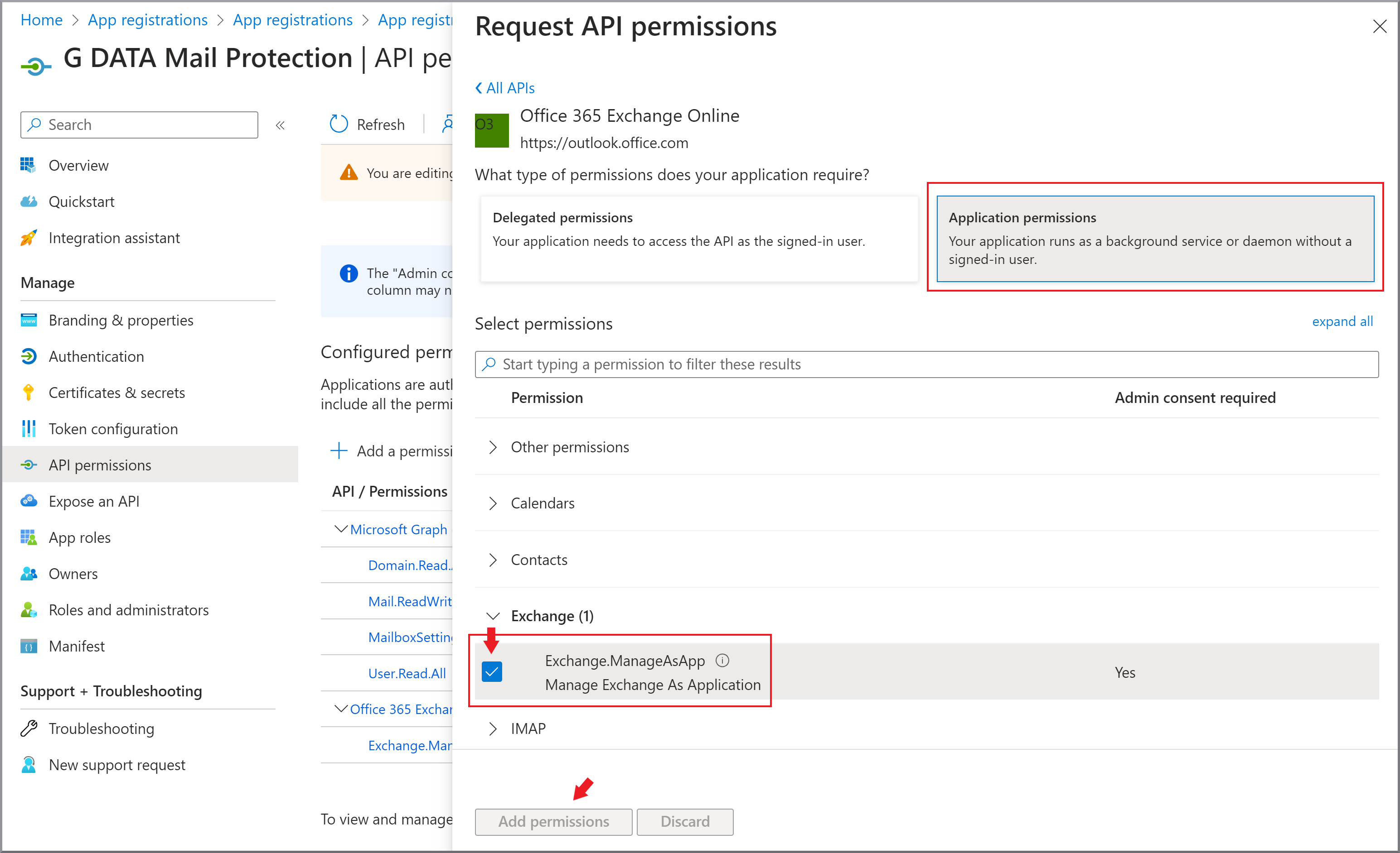 G DATA 365 | Mail Protection Definir permissões do Microsoft Exchange