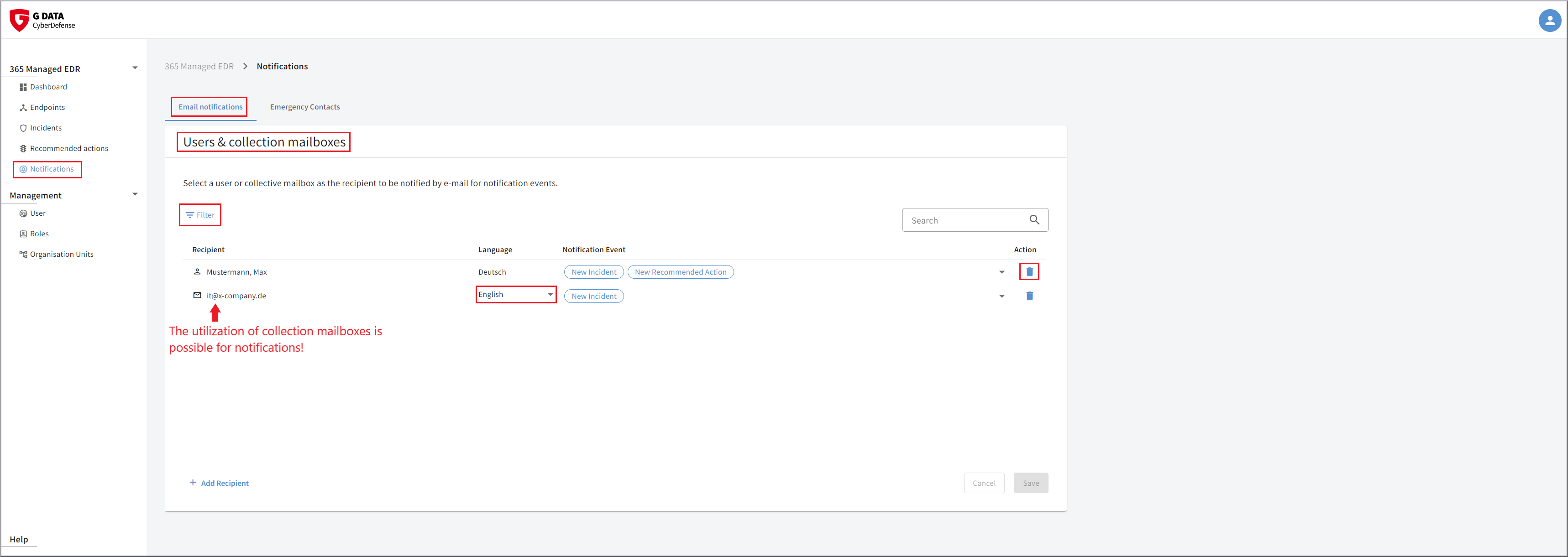 G DATA MXDR Notificações por e-mail