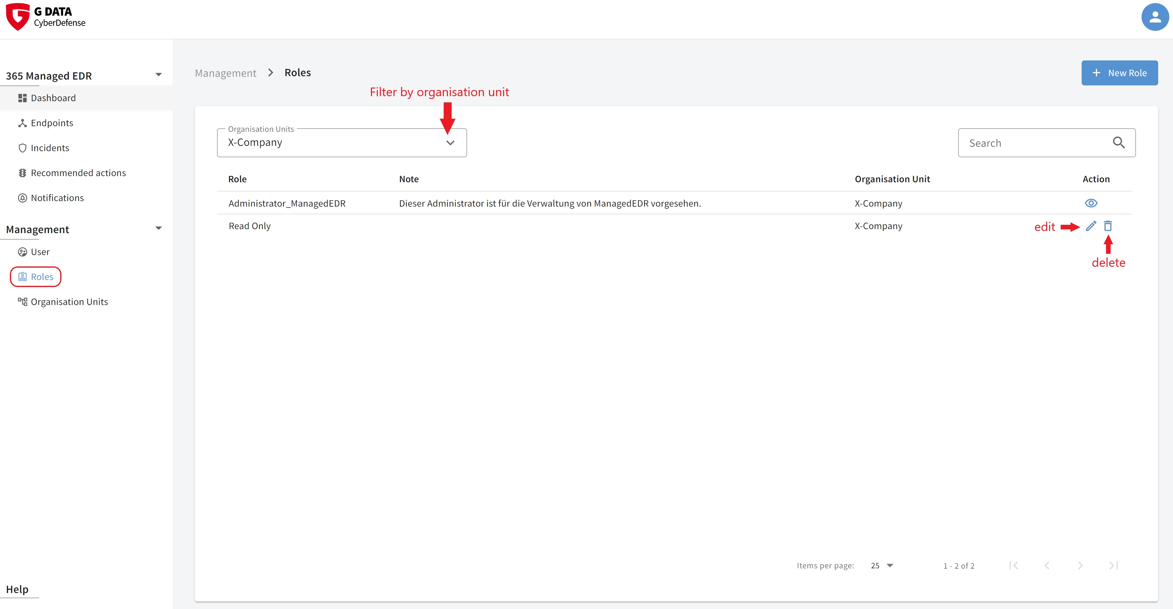G DATA 365 | Managed XDR Gestão de funções