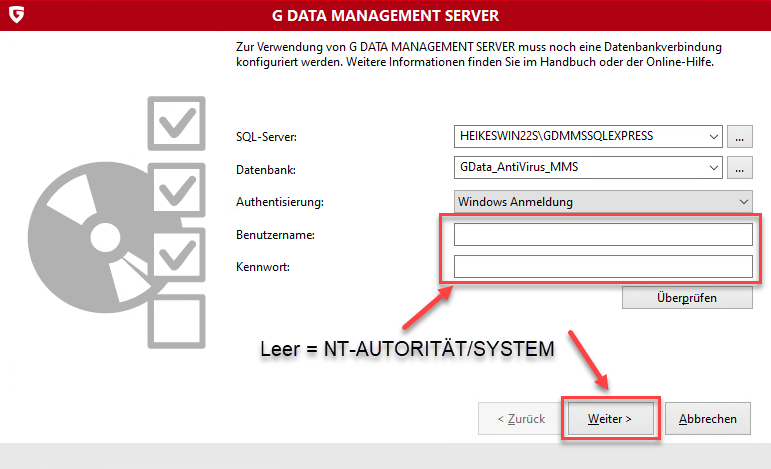 Installation G DATA Management Server Benutzer eintragen