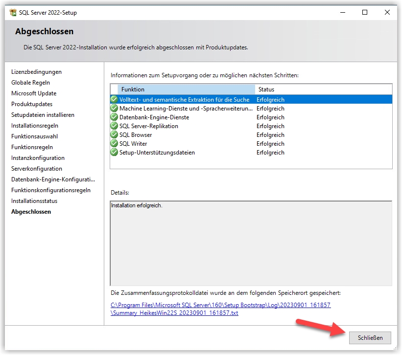 Installation Microsoft SQL Server 2022 Express ist beendet