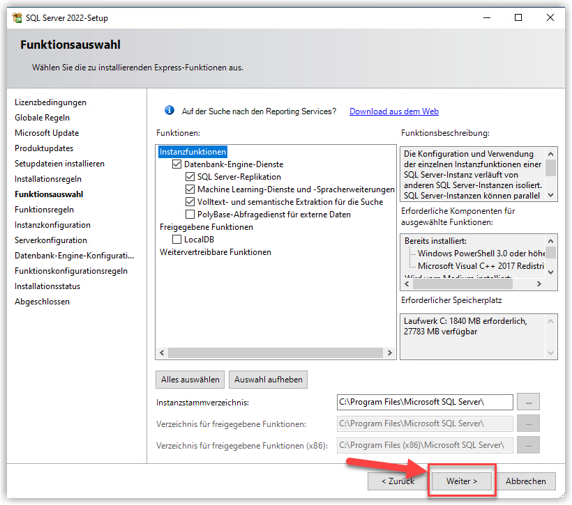 Funktionsauswahl Microsoft SQL Express