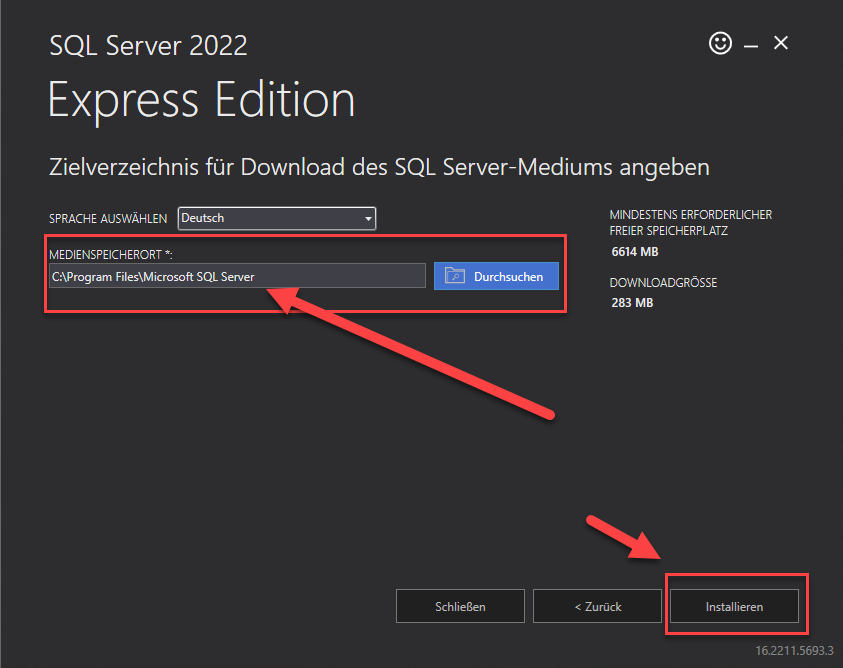 Verzeichnisauswahl Setupdatei Microsoft SQL Express