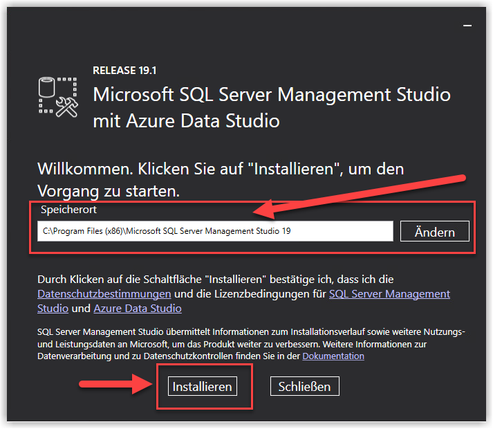 Verzeichnisauswahl Setupdatei Microsoft Management Studio