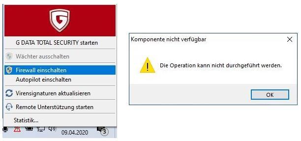 Firewall Einschaltung G DATA Tray Icon