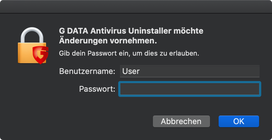 G DATA MAC Deinstallation Passworteingabe