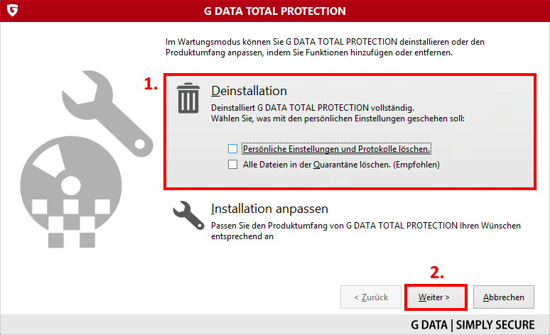G DATA TOTAL PROTECTION Deinstallation Auswahlmenue V25