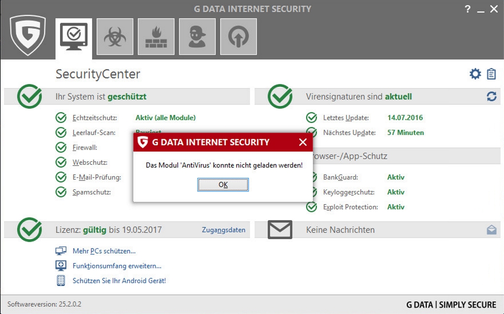 Modul Antivirus konnten nicht geladen werden