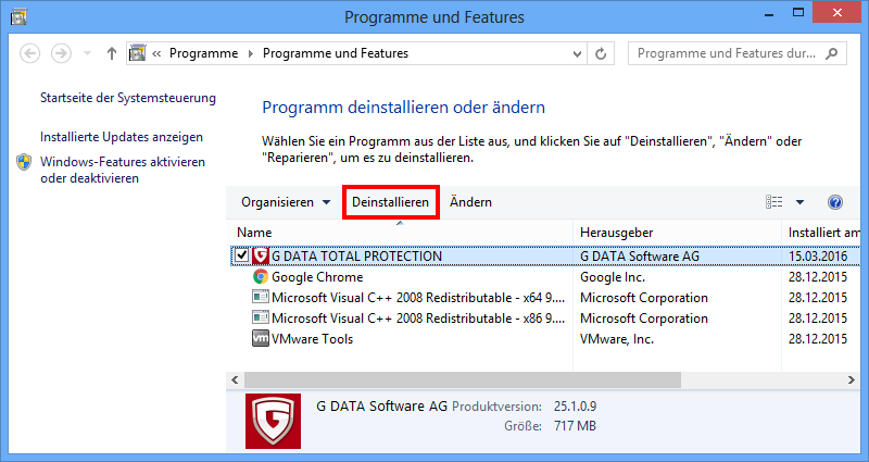 Windows Programs And Features G DATA TOTAL PROTECTION