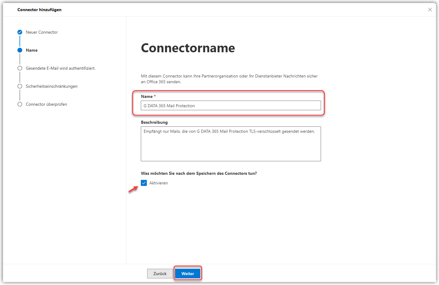 G DATA 365 | Mail Protection Konnektorname