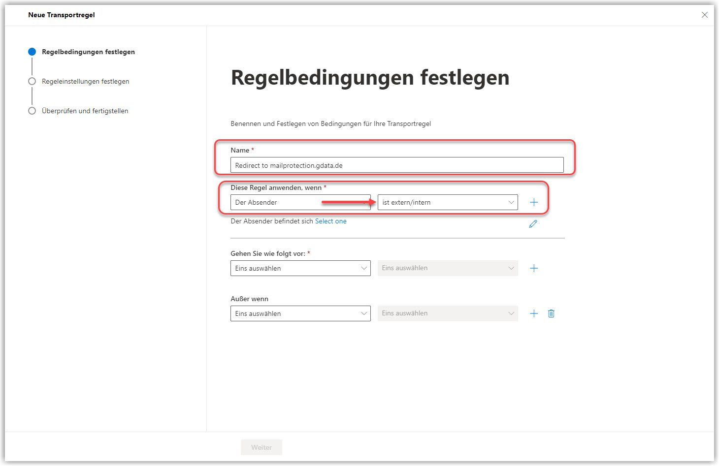 G DATA 365 | Mail Protection Neue Regel hinzufügen