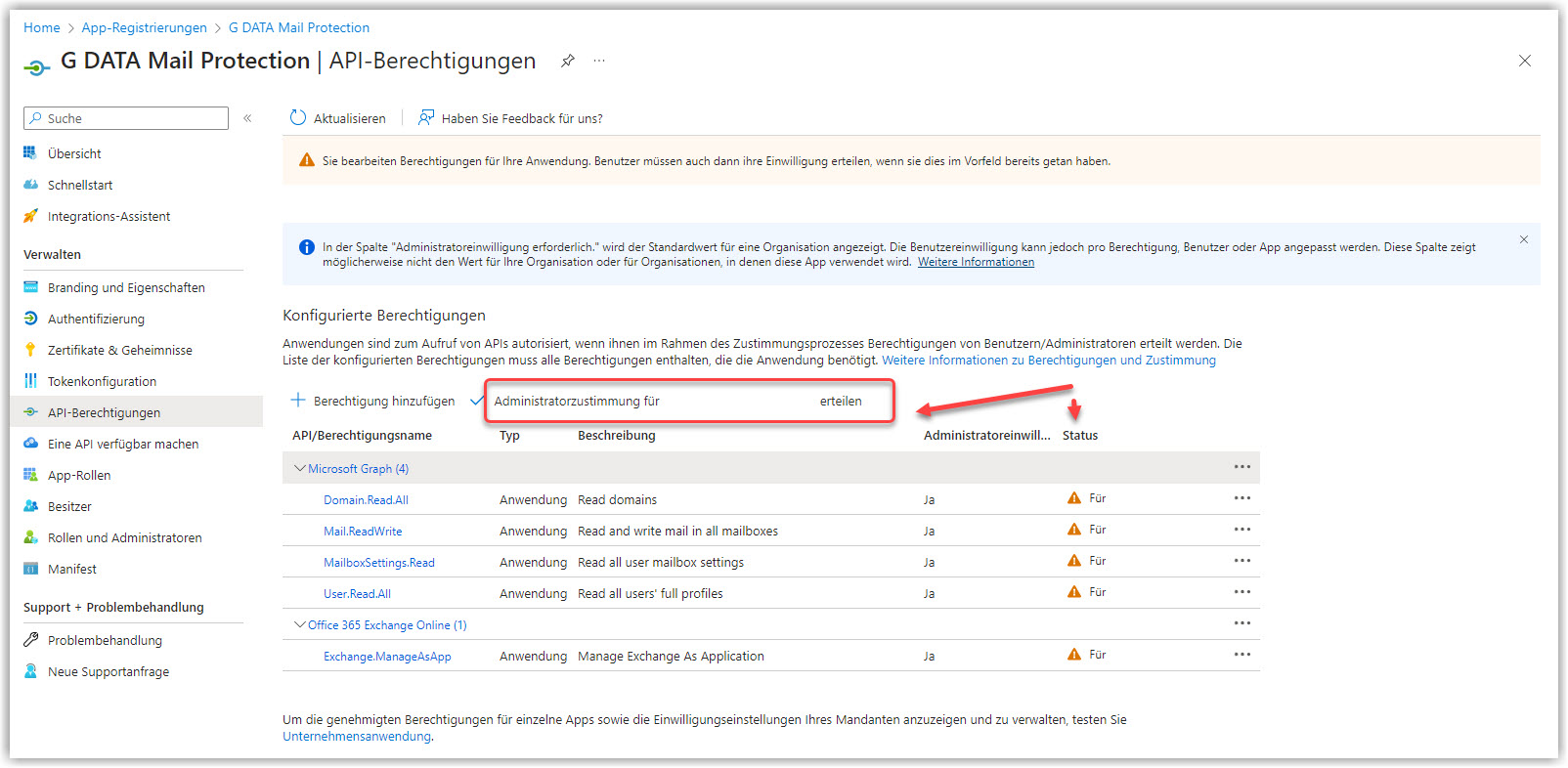 G DATA 365 | Mail Protection Administrator Genehmigung erteilen