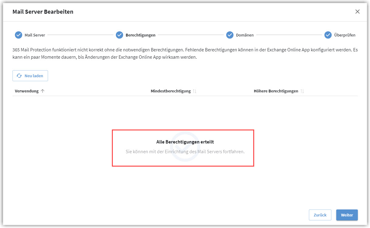 G DATA 365 MailProtection: Bestätigung Berechtigungen vorhanden