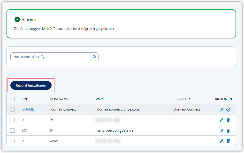 G DATA 365 | Mail Protection IONOS DNS RECORD ändern