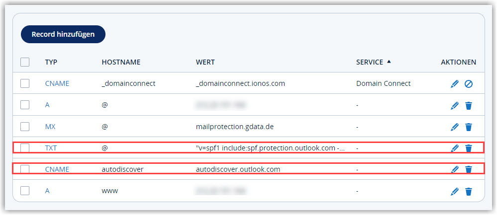 G DATA 365 | Mail Protection IONOS DNS RECORD ändern