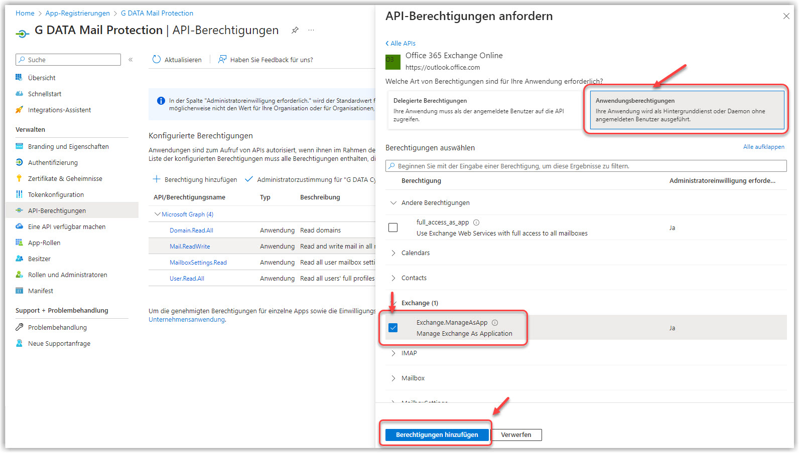 G DATA 365 | Mail Protection Microsoft Exchange Berechtigungen setzen